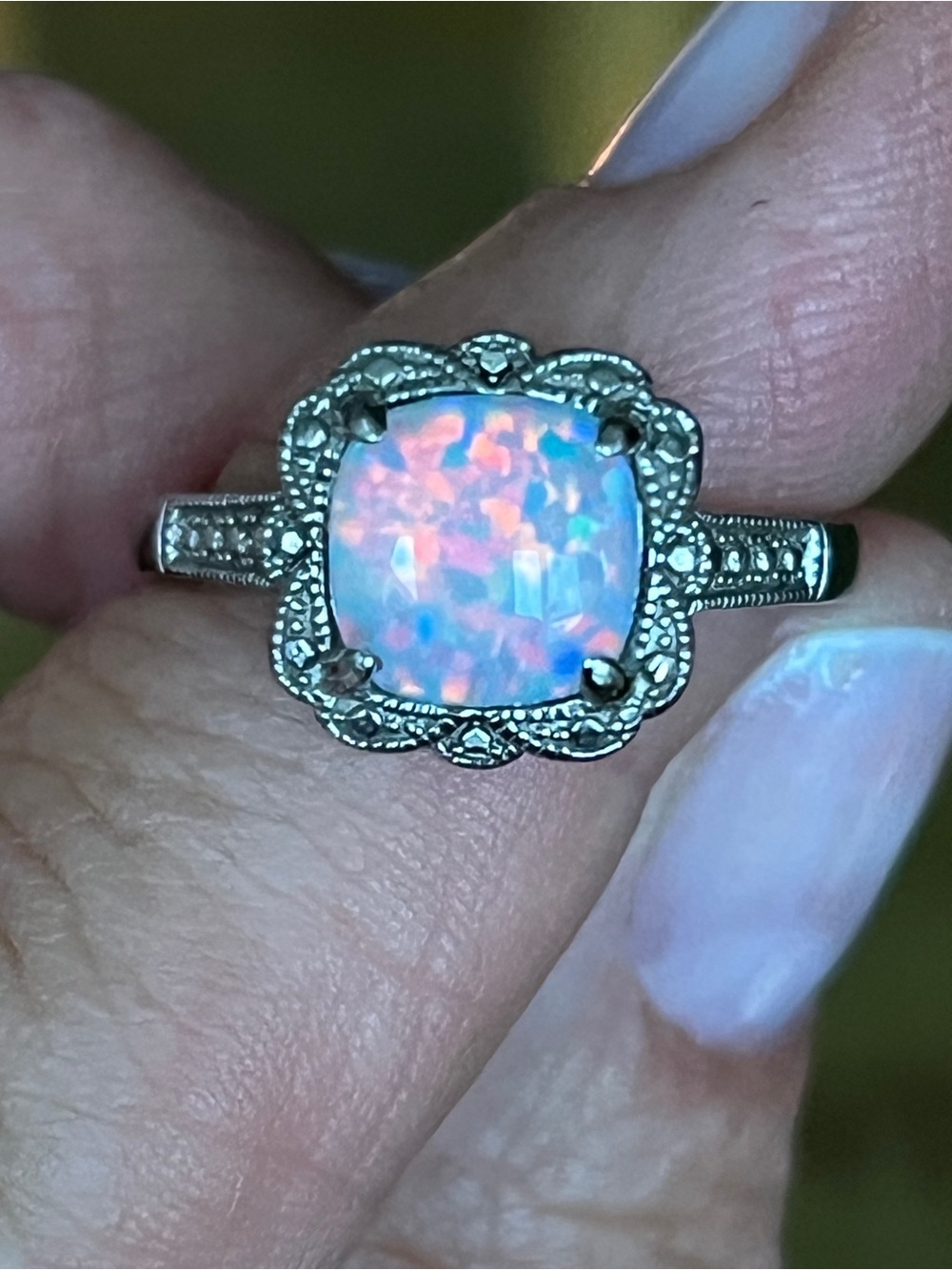 Vintage Pink Opal Halo Ring in Silver